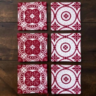 Set of 6 coasters printed with red Floor Tiles pattern ( different designs )
